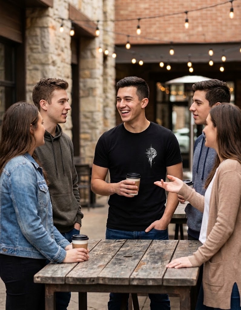 Man wearing a Grit With Faith t-shirt, holding a drink and talking with a group of friends at a gathering.