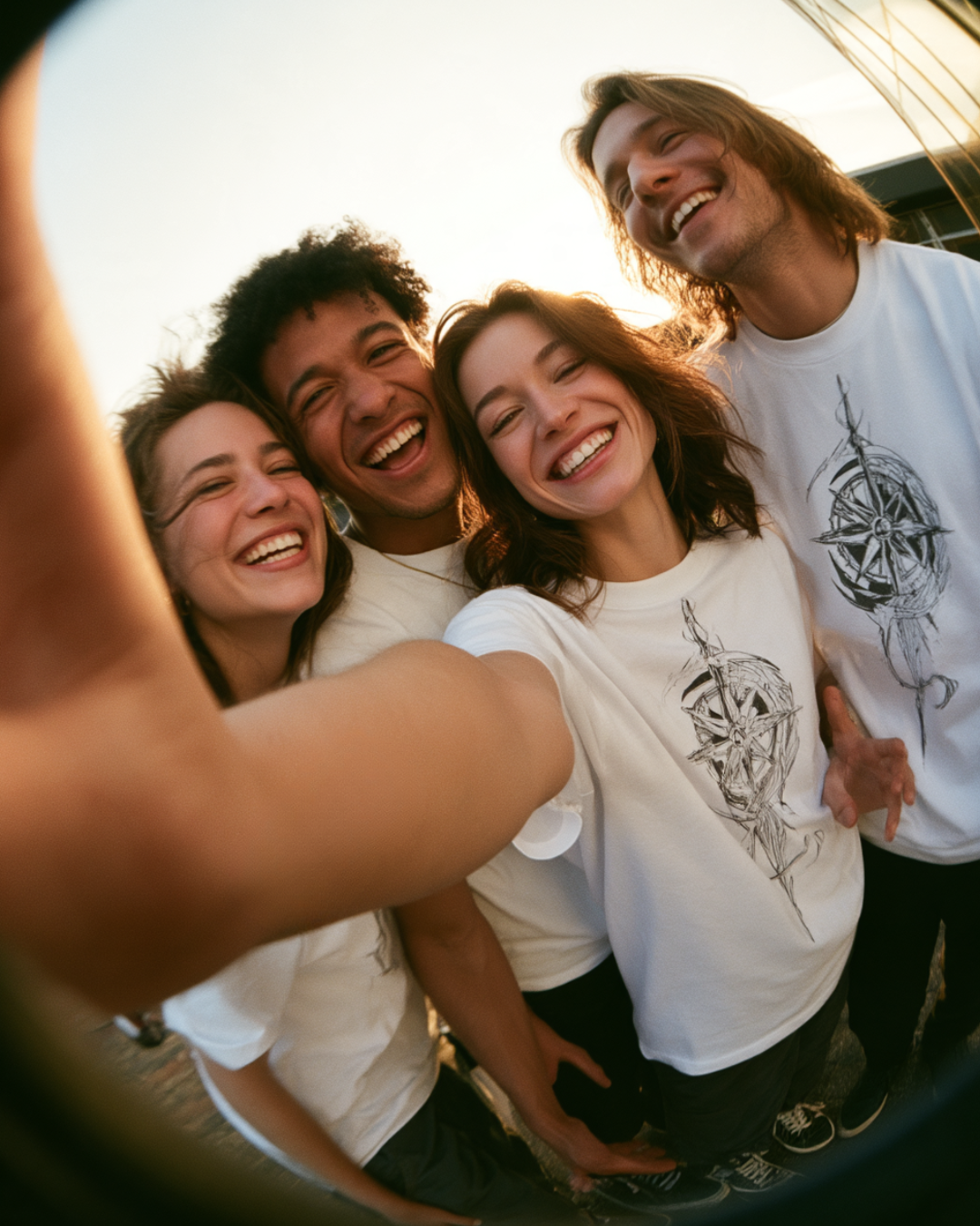 Four friends wearing white Four Winds Apparel compass T-shirts smiling for an outdoor selfie.