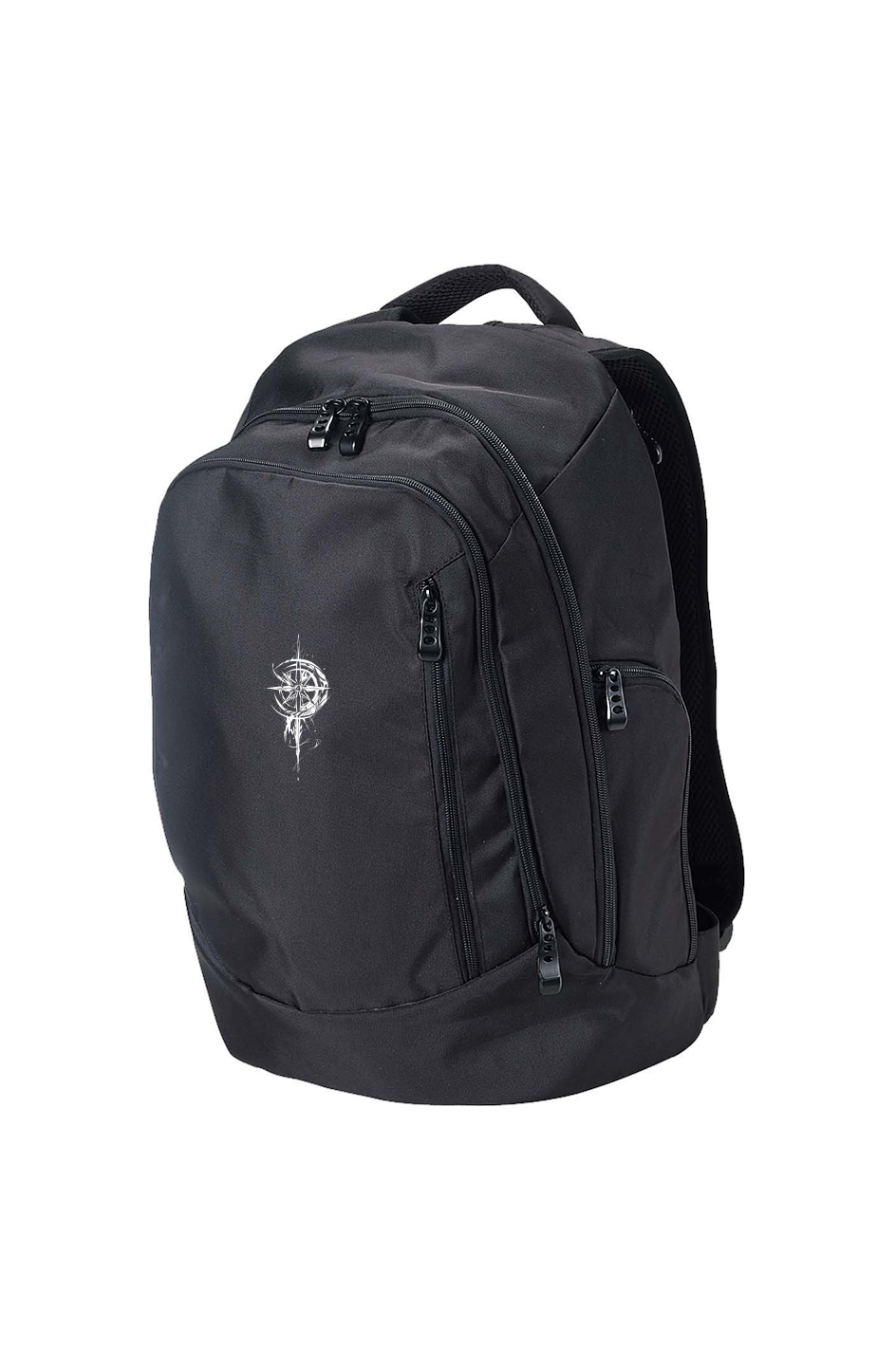 Black Grit With Faith Tech Backpack with embroidered compass logo and laptop compartment