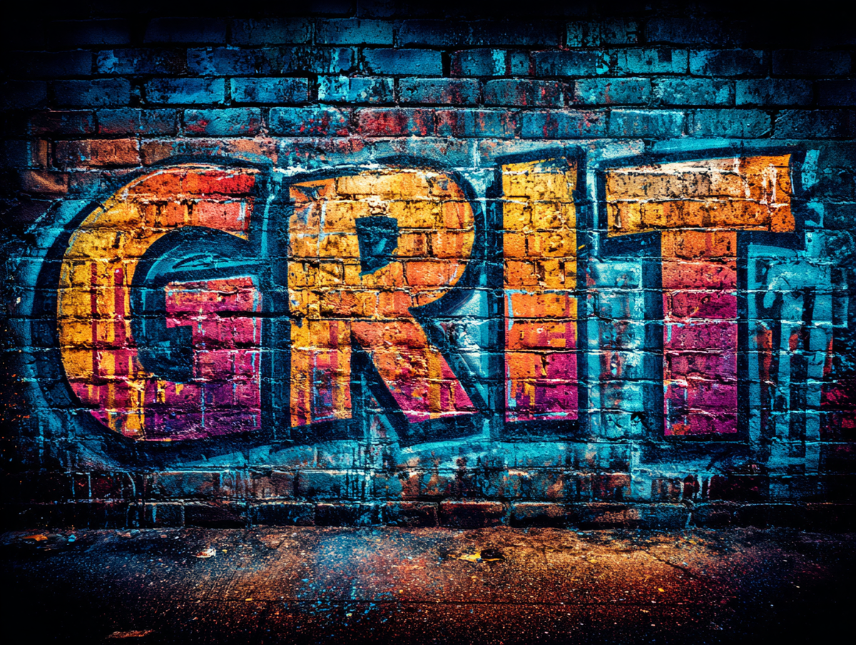 Colorful 'GRIT' graffiti on a brick wall