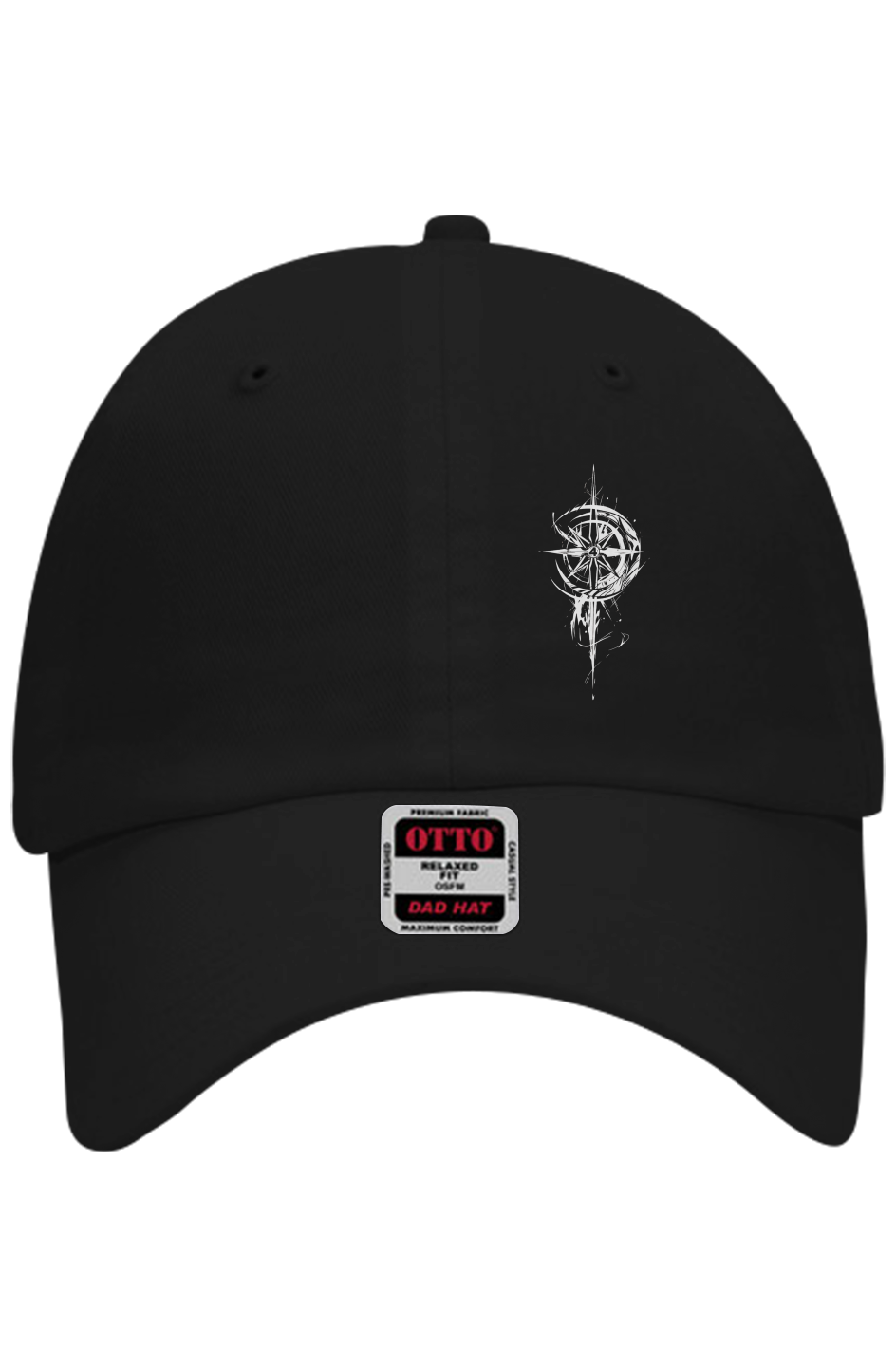 Grit With Faith low profile dad hat in Black with embroidered compass logo — washed cotton six-panel cap with adjustable buckle closure