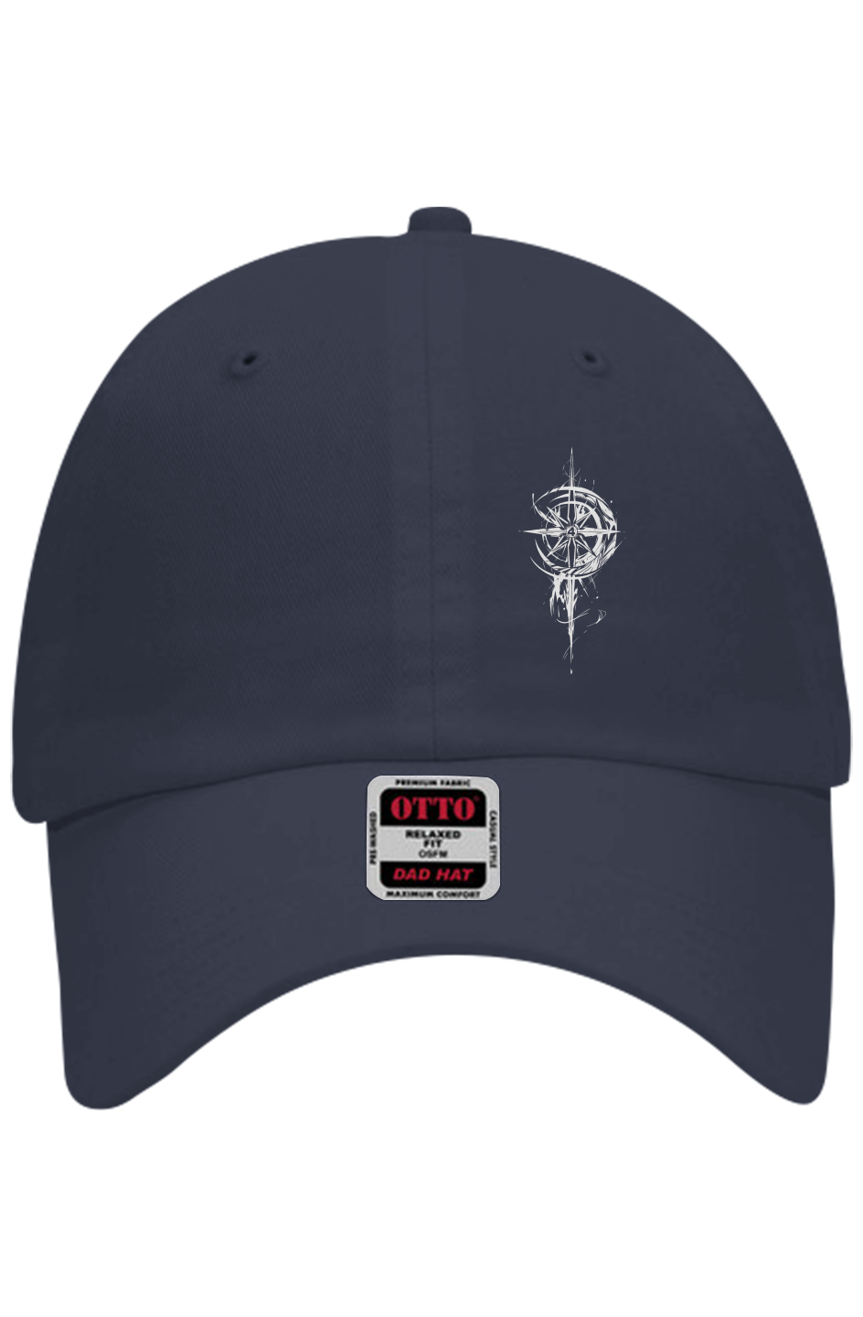 Grit With Faith low profile dad hat in Navy with embroidered compass logo — washed cotton six-panel cap with adjustable buckle closure