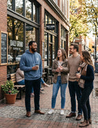 Man wearing a blue Grit With Faith embroidered compass hoodie talking with friends outside a coffee shop