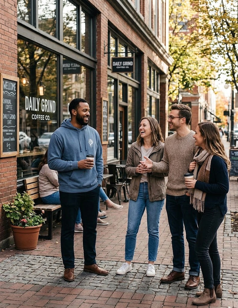 Man wearing a blue Grit With Faith embroidered compass hoodie talking with friends outside a coffee shop