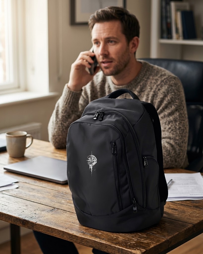 Man on a phone call at a home office desk with a black Grit With Faith embroidered tech backpack