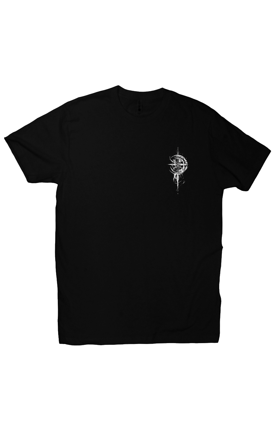 Black Grit With Faith crew tee with embroidered compass logo on the left chest, flat lay on white background