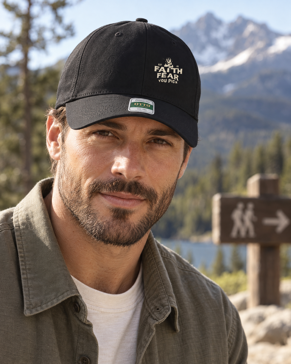 Man wearing black Grit With Faith Faith or Fear embroidered cap on a mountain trail