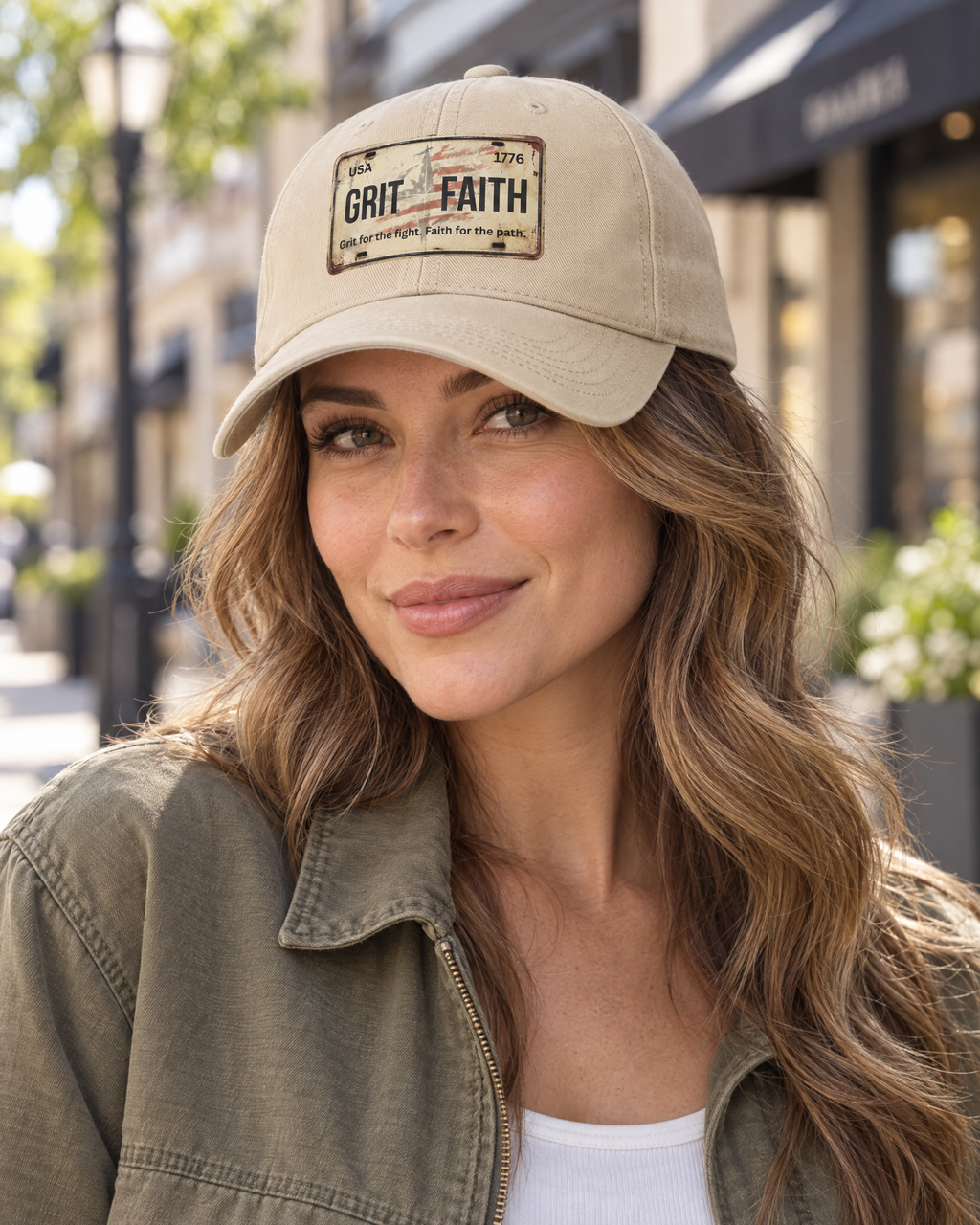 Woman wearing khaki Grit With Faith license plate patch cap in an outdoor shopping district